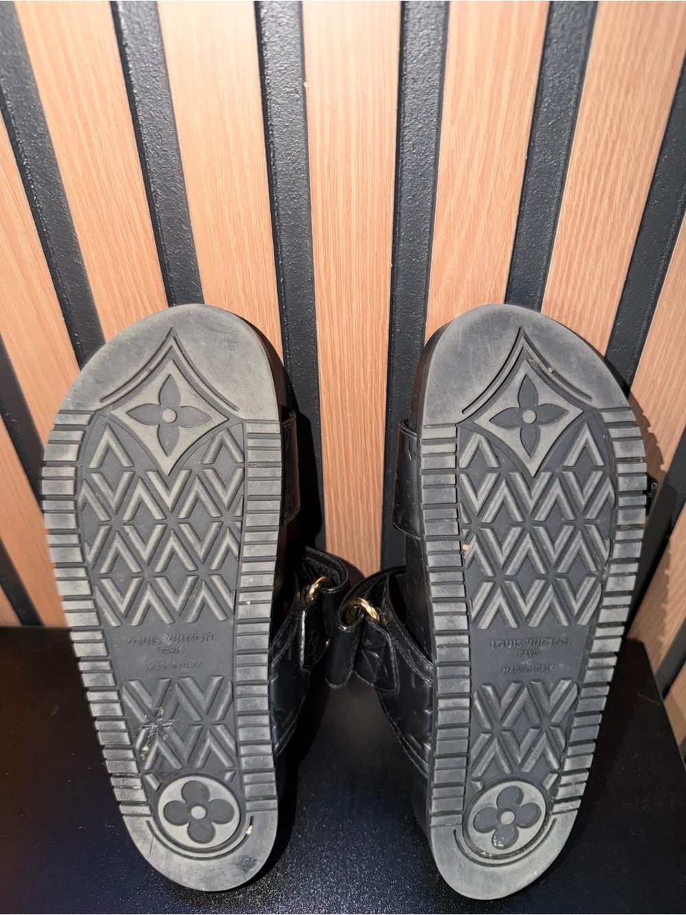 Louis Vuitton Black Embossed Monogram Double-Strap Slide Sandals - Picture 6 of 15